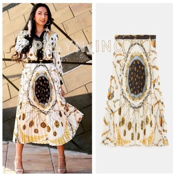 Zara chain navy gold accordion midi skirt small s - Picture 4 of 9